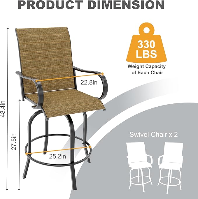GarveeLife 4 Piece Outdoor Swivel Bar Chairs, Patio High Swivel Bar Stools, All Weather High Back and Armrest Patio Chairs, Outdoor Rotating BarChair Counter Height for Deck Lawn Garden Backyard