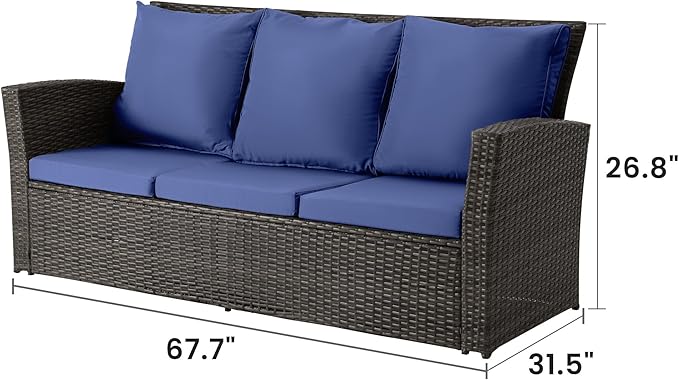 Wisteria Lane All Weather Wicker Patio Couch, 3 Seats Patio Sofa with Thick Cushions, Outdoor Furniture Couch with High Back, Outdoor Patio Sofa for Garden, Backyard, Porch, Blue