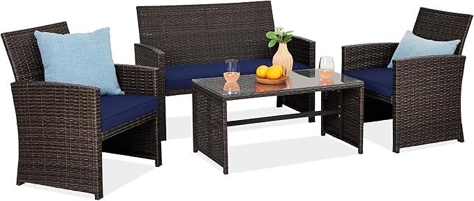Best Choice Products 4-Piece Outdoor Wicker Patio Conversation Furniture Set for Backyard w/Coffee Table, Seat Cushions - Brown/Navy