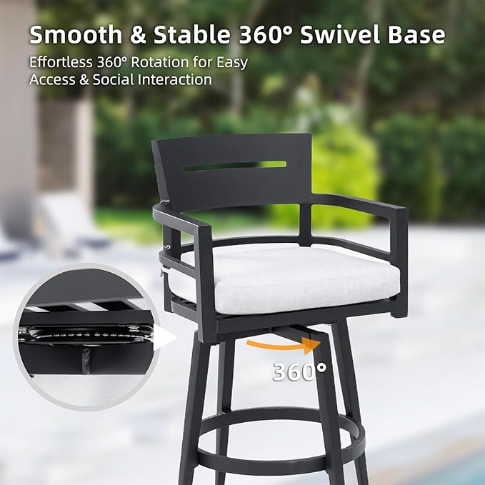 Modern Outdoor Bar Stools Set of 2 Swivel Patio Bar Chairs with 360° Rotation and Cushion with Sunbrella Fabric Weather-Resistant Aluminum Frame Patio Bar Stool for Deck Garden