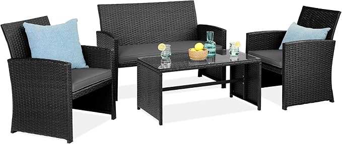 Best Choice Products 4-Piece Outdoor Wicker Patio Conversation Furniture Set for Backyard w/Coffee Table, Seat Cushions - Black/Gray