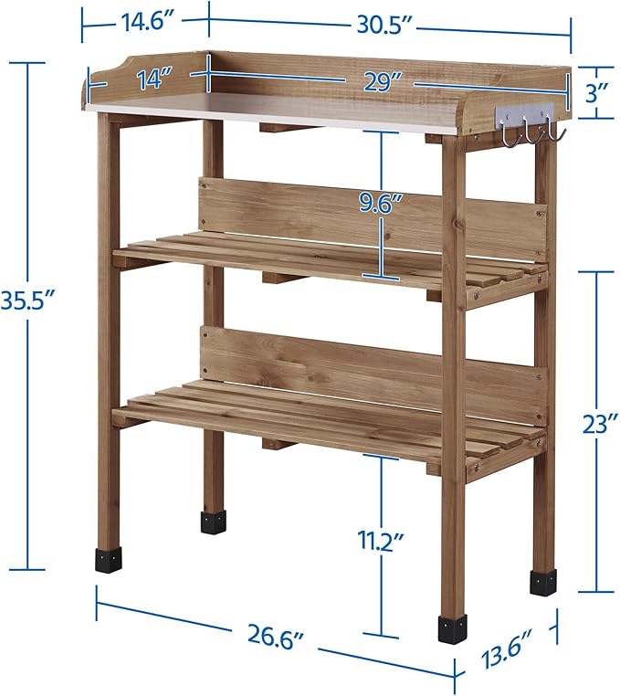 Yaheetech Outdoor Garden Potting Bench Table, Wooden Horticulture Planting Worstation w/Metal Tabletop/Storage Shelf/3 Hooks, Brown
