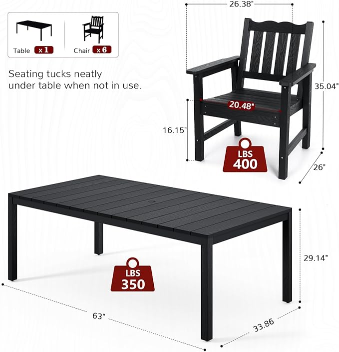 Stoog 6 Pieces Outdoor Patio Dining Set, All-Weather Dining Table and Chairs Set with Bench for 6 People, Outdoor Furniture Set with 2" Umbrella Hole for Garden, Backyard and Lawn, Black