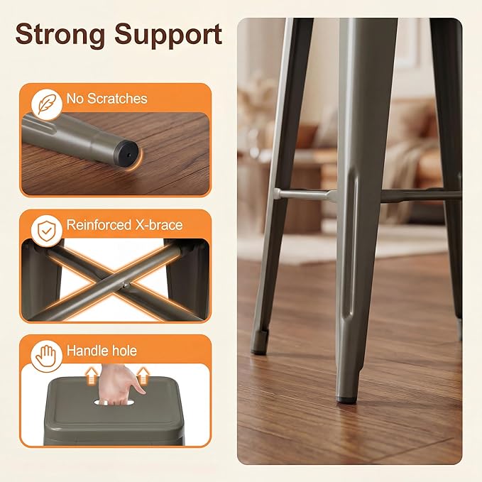 Shahoo 24 Inches Metal Bar Stools Counter Height Stackable Backless Stools, Industrial Patio Stools Indoor Outdoor Metal Kitchen Stools Set of 4 (Gun, 24'')