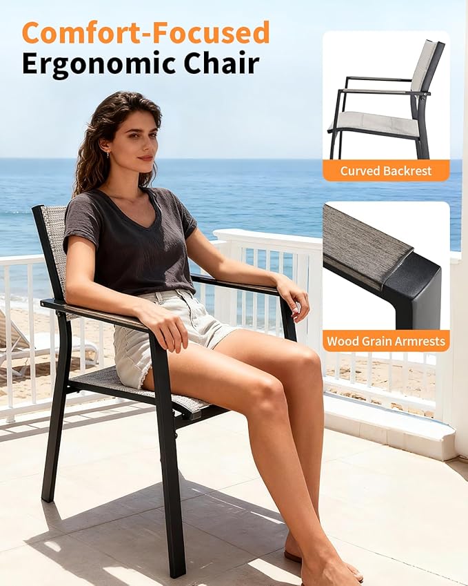 5 Pieces Outdoor Dining Set, Never-Rust Aluminum Expandable Patio Dining Table Set, 32"-65" Extendable Patio Table and Stackable Textilene Dining Chairs for Backyard, Deck, Indoor, Limed Oak