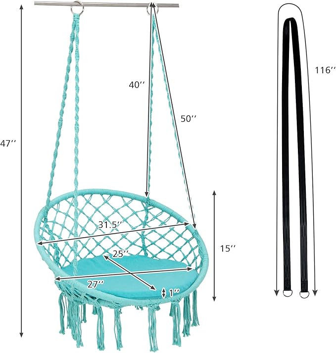 Giantex Hammock Chair Macrame Swing - Hanging with Cushion and Hardware Kit, 330 LBS Weight Capacity, Indoor for Stand, Patio, Balcony, Living Room (Turquoise) (GT10698-NPTU)