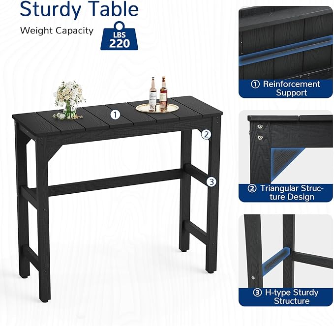 3 Piece Outdoor Bar Set, 42" Rectangular Pub Height High Top Bar Table & 2 Outdoor Bar Stools for Patio, Garden, Poolside and Bistro, Weatherproof, Black