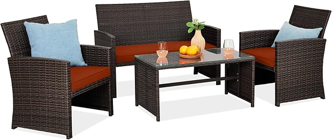 Best Choice Products 4-Piece Outdoor Wicker Patio Conversation Furniture Set for Backyard w/Coffee Table, Seat Cushions - Brown/Dark Rust
