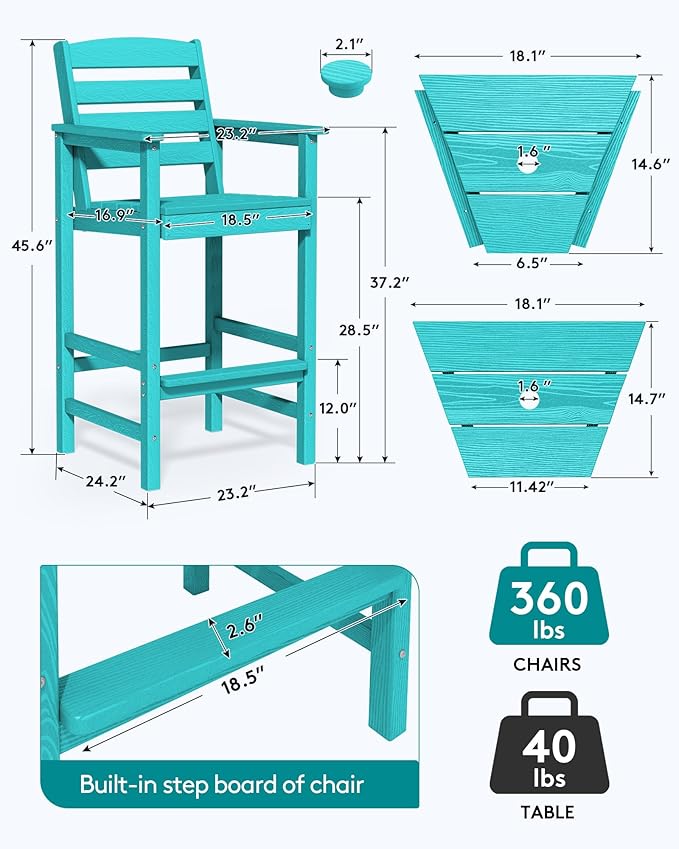 SERWALL Tall Adirondack Chairs Set of 2 with Connecting Table, All Weather Outdoor Barstools, Aruba Blue