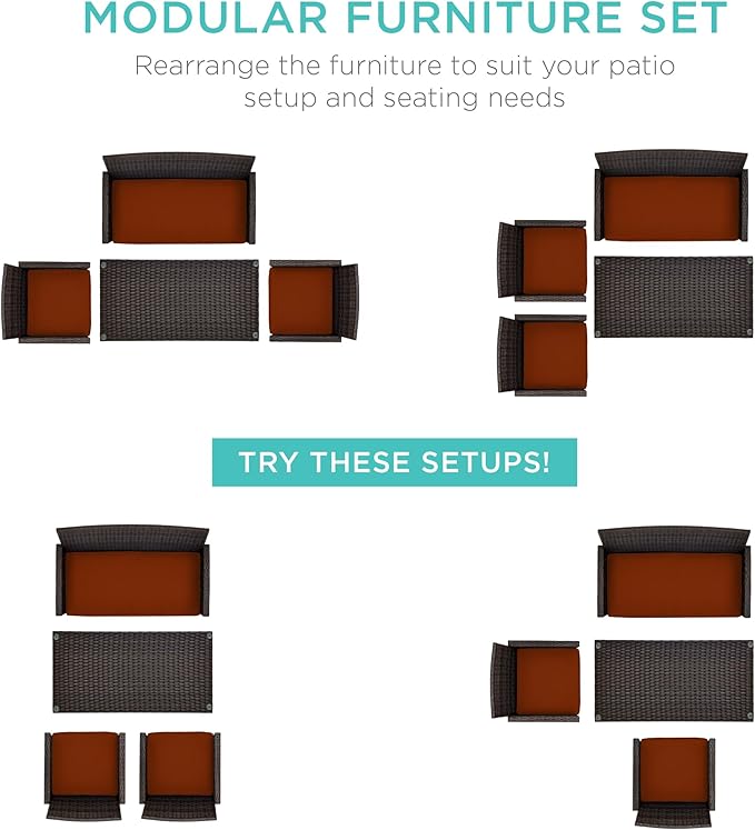 Best Choice Products 4-Piece Outdoor Wicker Patio Conversation Furniture Set for Backyard w/Coffee Table, Seat Cushions - Brown/Dark Rust
