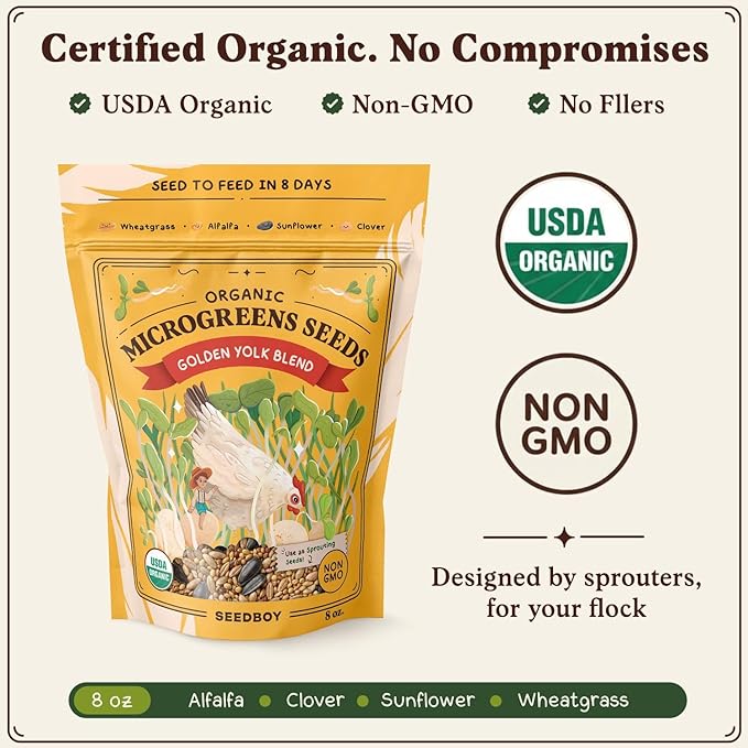 Seedboy Organic Non-GMO Microgreens Seeds for Chickens, Golden Yolk Blend - USA Grown Sprouting Mix with Alfalfa, Clover, Sunflower, Wheatgrass - 8 oz Bag