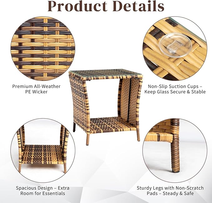Wicker Rattan Side Table, Outdoor Square Rattan Coffee End Table with Tempered Glass Top and Storage for Patio Porch Lawn (Yellow Gradient)