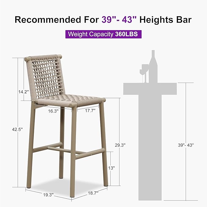 PURPLE LEAF Bar Stools Set of 2 with Back Aluminum Patio Counter Height Stools for Pool Lawn Kitchen All Weather Wicker Outdoor Bar Chairs Champagne