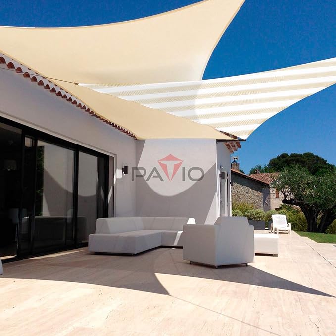 Patio Paradise 14' x 14' x 14' Sun Shade Sail Triangle Canopy Shade Cloth Fabric Sunlight Block Patio Pergola Cover HDPE Deck Awning for Outdoor Backyard Roof Shading, Beige White Strip