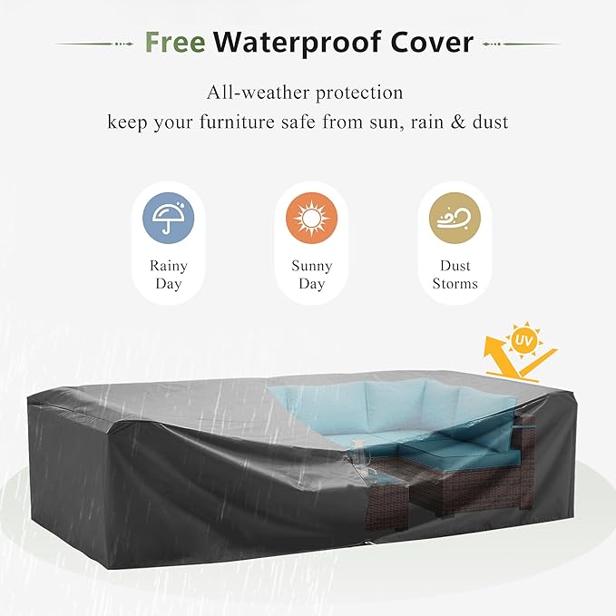 Amopatio Patio Furniture Sets with Waterproof Cover 7 Pieces Patio Conversation Set Outdoor Sectional Wicker Rattan Sofa,Patio Furniture with Pillows Fits Porch Garden Backyard Balcony(Sky-Blue)