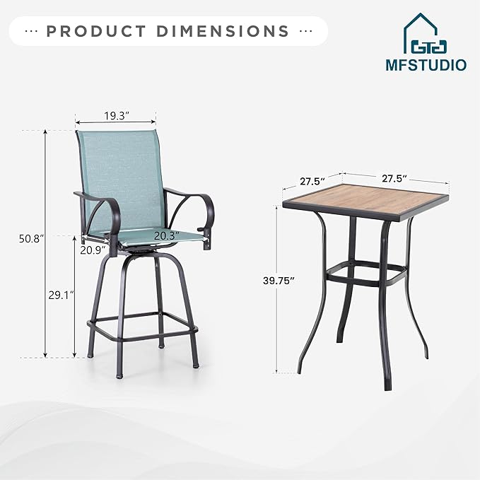 MFSTUDIO 3 Piece Patio Swivel Bar Set, Outdoor Bar Table and Chairs Set, Patio High Top Table and Chairs, Tall Bistro Set Outdoor Bar Height Table with 2 Chairs, Turquoise Blue