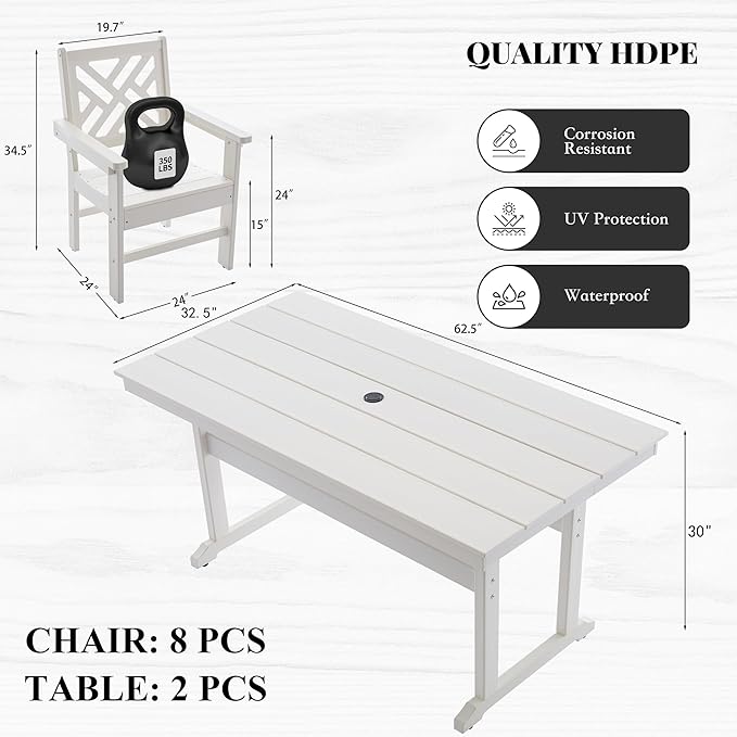 HDPE Dining Table Set for 8,10-Piece Outdoor Table and Chairs Include 8 Dining Chairs and 2 Pcs 62.5" Patio Dining Table with Umbrella Hole (White)