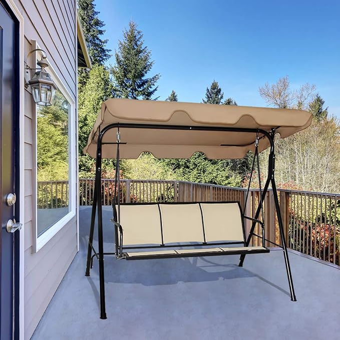 Tangkula 3 Person Patio Swing, Steel Frame with Polyester Angle Adjustable Canopy, All Weather Resistant Swing Bench, Suitable for Patio, Garden, Poolside, Balcony (Brown)