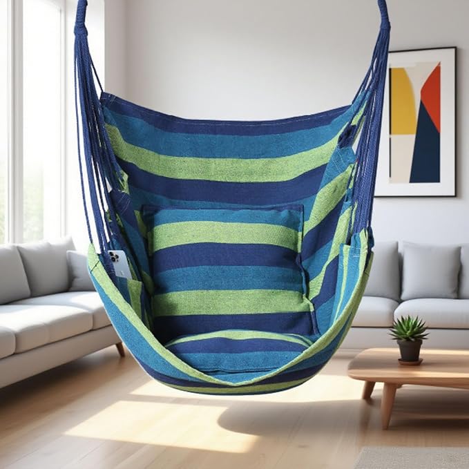 Goutime Hammock Chair, Boho Hanging Rope Ceiling Swing, Macrame Hanging Swinging Chair for Indoor,Outdoor,Bedroom,Outside,Garden,Balcony,Yard,Deck,Max 330 Lbs,Blue and Green