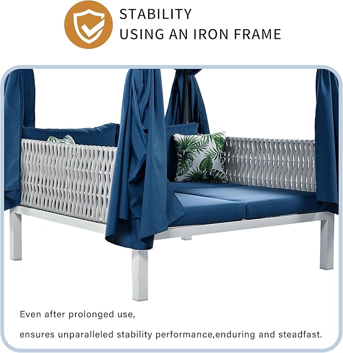 Merax Outdoor Patio Daybed with Soft Thick Cushions, Two Pillows and Curtains, Double Chaise Lounge Sunbed with Rubber Core Rope Backrest for Outside Pool, Garden, Backyard, Lawn, Blue