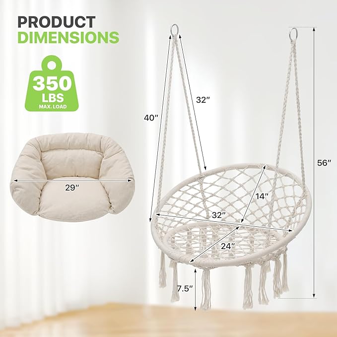 Magshion Hanging Hammock Chair with Cozy Full Cushion, Outdside Macrame Swing Chair with 350 Lbs Capacity, Ideal Accent Furniture for Living Room, Bedroom and Porch Relaxation and Enjoyment (White)