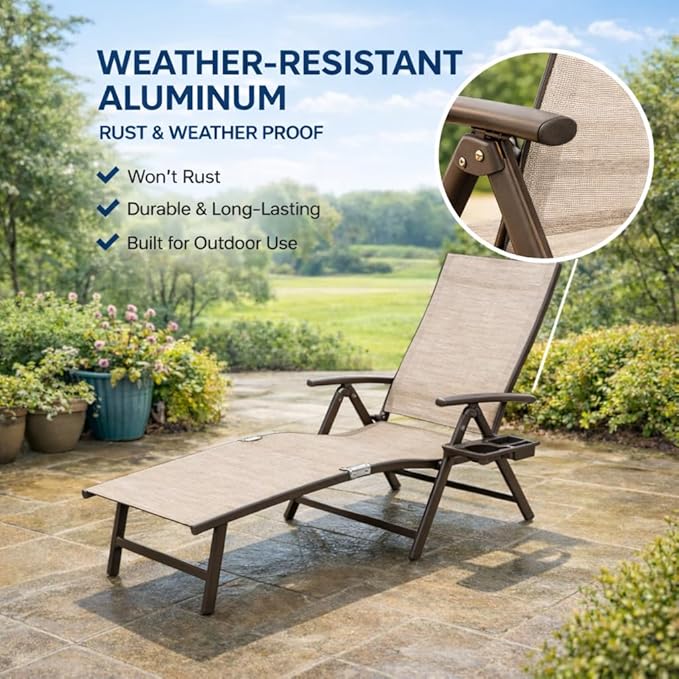 Kozyard Aluminum Outdoor Chaise Lounge Chair, Adjustable Reclining Patio Lounge with Drink Holder, Weather-Resistant Pool, Deck & Yard Recliner, Assemble-Free(2Pack, Beige)