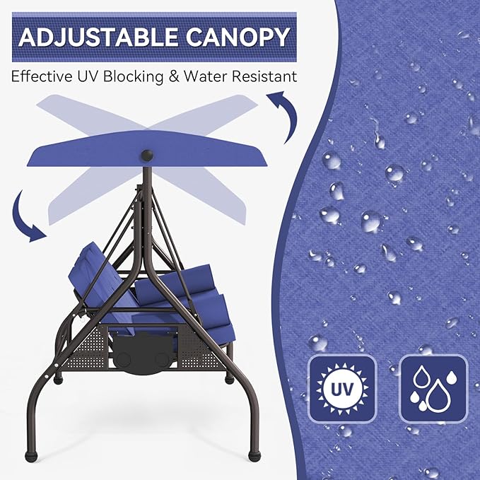 Oakcloud 3-Seat Outdoor Porch Swing with Adjustable Canopy, Large Converting Swing Chair, Patio Swing Glider with Pillows & Thick Cushions for Poolside Balcony Backyard (Blue)