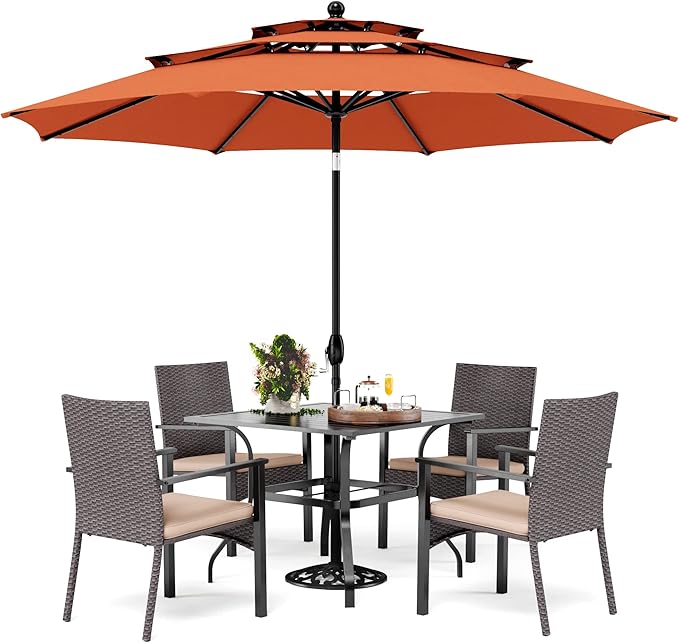 PHI VILLA 5 Pieces Outdoor Dining Set with Umbrella for 4, 37" Square Metal Dining Table & 4 Cushioned Wicker Rattan Chairs with 10ft Red Umbrella for Patio, Deck, Yard, Porch