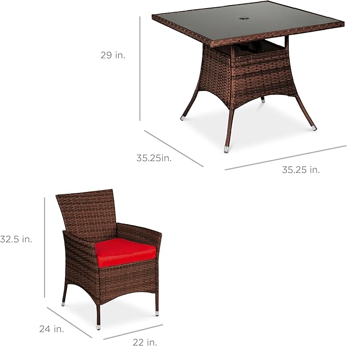 Best Choice Products 5-Piece Indoor Outdoor Wicker Dining Set Furniture for Patio, Backyard w/Square Glass Tabletop, Umbrella Cutout, 4 Chairs - Red