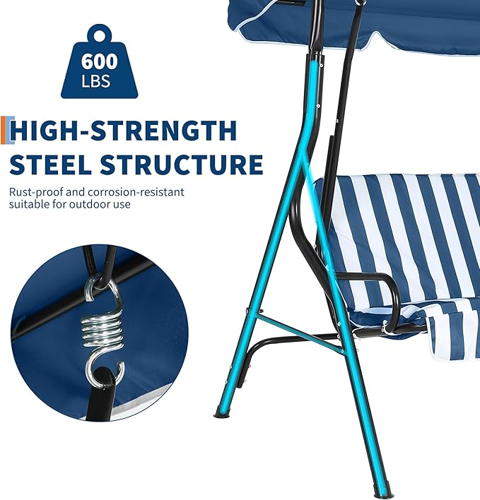 Outdoor Porch Swing Chair with Adjustable Canopy & Striped Seat Cushion for Adults 3-Seat Patio Glider Bench with Thick Cushions Steel Frame Outdoor Swing Chair for Backyard Lawn Garden Blue