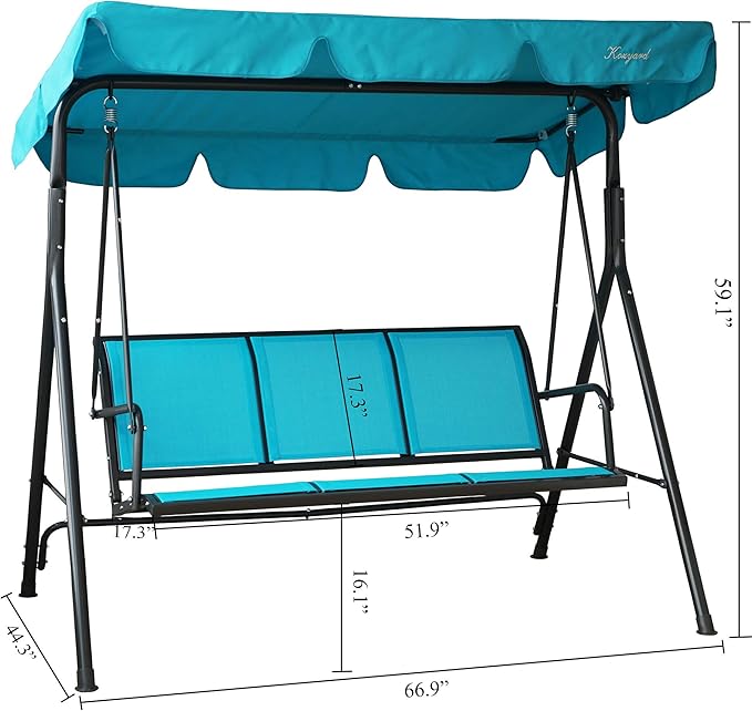 Kozyard 3-Person Outdoor Canopy Porch Swing Chair, Breathable Textilene Armrest Seat, Adjustable Shade, Heavy-Duty Powder-Coated Steel Frame Swing for Patio, Backyard, Poolside & Balcony, Blue