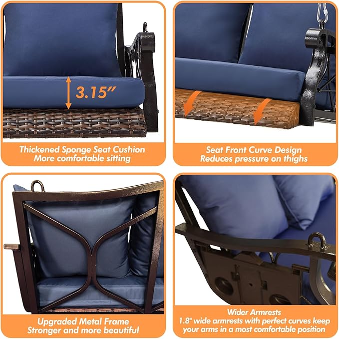 3-Person Wicker Porch Swing Chair Heavy Duty 900 LBS Outdoor Rattan Patio Swing Chair w/Cup-Holder & Steel Chains Hanging Bench Porch Swing Cushions for Deck & Backyard & Garden