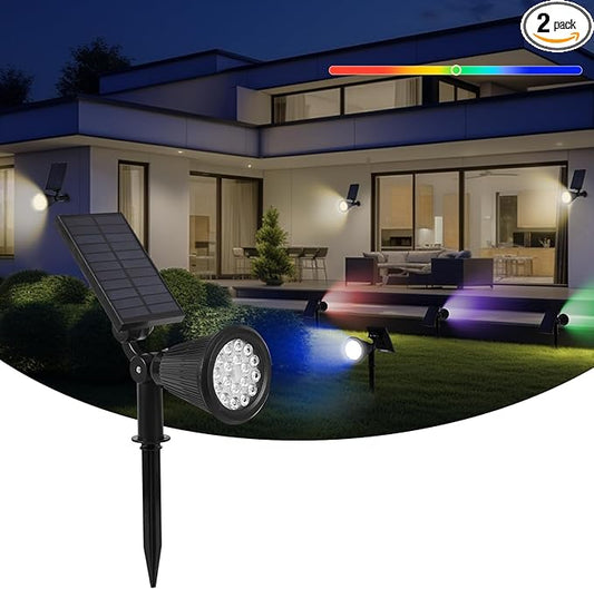 Solar Spot Lights Outdoor, 2-in-1 Wall Mount & Ground Stake 18 LEDs with 2 Lighting Modes, 7 Colors Changing, IP65 Waterproof Solar Landscape Lights for Garden, Pathway, Yard, Patio (1 Pack)