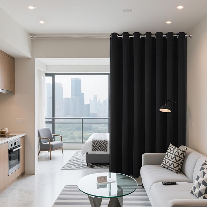 Joydeco Blackout Patio Sliding Door Curtains 108 Inches Long, Grommet Privacy Room Divider Curtains, Extra Wide Thermal Blackout Drapes for Bedroom Living Room (Black, 70Wx108L, 1 Panel)