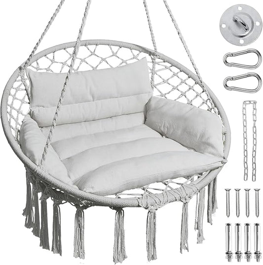 Greenstell Hammock Chair, Macrame Swing Chair with Comfy Cushion, Boho Hanging Chair for Outdoor & Indoor, Perfect for Bedroom, Patio, Balcony, Hold up to 350Lbs, Grey