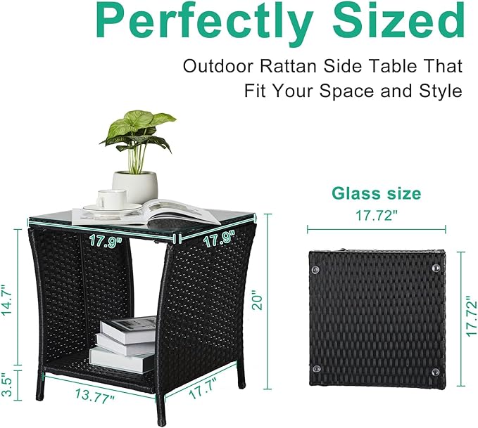 Wicker Rattan Side Table, Outdoor Square Rattan Coffee End Table with Tempered Glass Top and Storage for Patio Porch Lawn (Black)