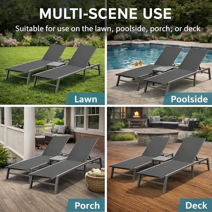Kozyard 3-Pieces Patio Lounge Set, 2 Foldable Adjustable Lounge Chairs and Side Table, Aluminum Frame, Breathable Textilene Fabric, Assemble-Free, Reclining to Flat for Pool, Beach (Gray)