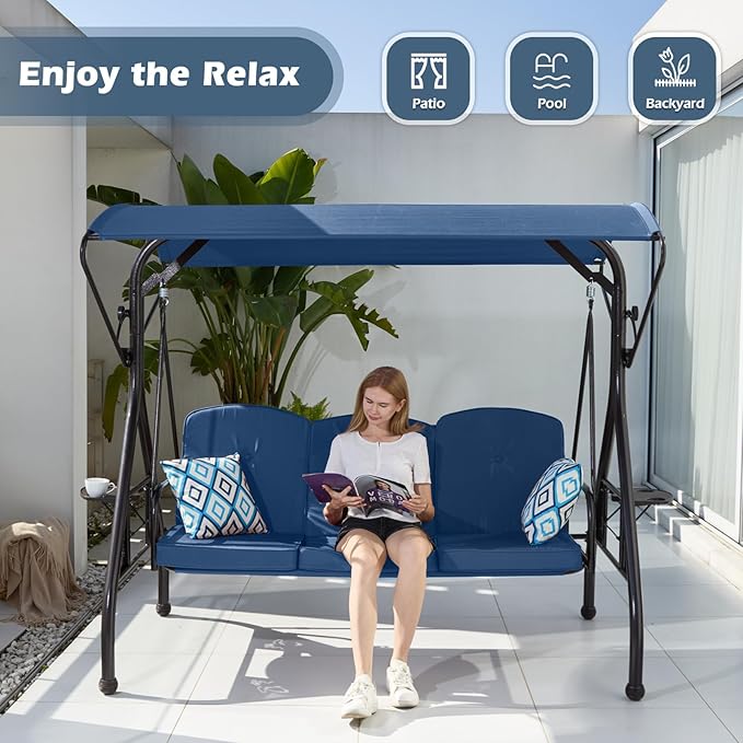 800LBS Patio Swing with Canopy 3 Seat Outdoor Porch Swing with Stand w/Cup Holder & Pillow Glider Chair Swing Bed for Patio Backyard Poolside (Blue)