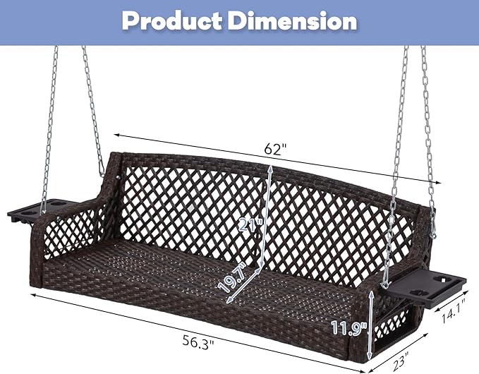 3 Seat Porch Swing, Wicker Patio Swing with Cup Holders & 3 Back Cushions, Yard Swing with Chains for Deck Garden Backyard,Brown Seagrass Rattan, Blue Cushion, 56-inch