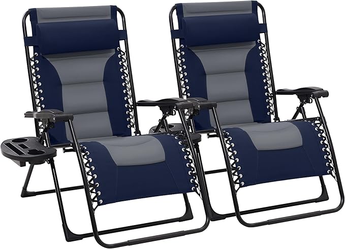 JEAREY Oversized Padded Zero Gravity Chairs Set of 2, Folding Lounge Chair Outdoor Patio Recliner, Anti Gravity Chair for Backyard with Headrest, Cup Holder, Side Tray, Polyester Mesh - Navy/Gray