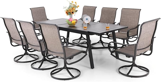 PHI VILLA 9 PCS Patio Dining Set, Outdoor Table and Chair Set with 8 Swivel Dining Chair, 1 Extandable Metal Table，Durable Frame and Breathable Textilene Fabric for Outside, Poolside