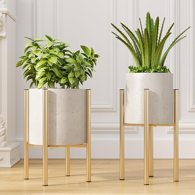 Adjustable Metal Plant Stand Indoor, Mid Century Modern Outdoor Planter Holder for 8 to 14 Inch Pots, Heavy Duty 160 LB Load, Corner Floor Stand for Home Garden Decor Golden 2 Pack