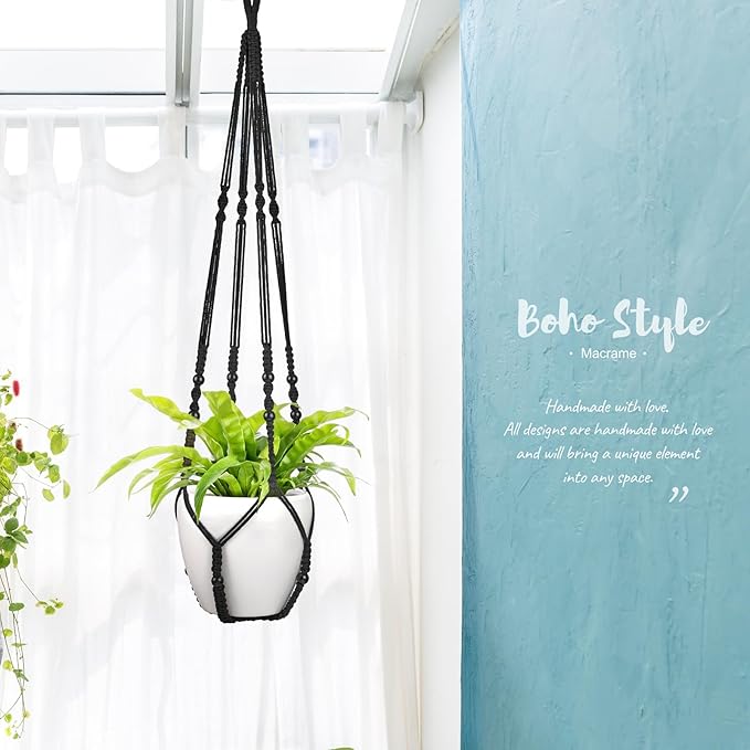 Mkono 43 Inch Macrame Plant Hanger Large for up to 12 Inch Pot Extra Long Hanging Plant Holder No Tassels Hanging Planter Basket with Wood Beads for Indoor Outdoor Boho Home Decor, Black