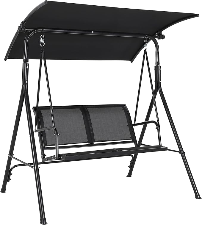 2-Seat Outdoor Patio Porch Swing with Stand, Waterproof Textilene & Adjustable Canopy, Steel Frame Swing Outdoor Chair for Backyard, Front Porch, Lawn, Garden