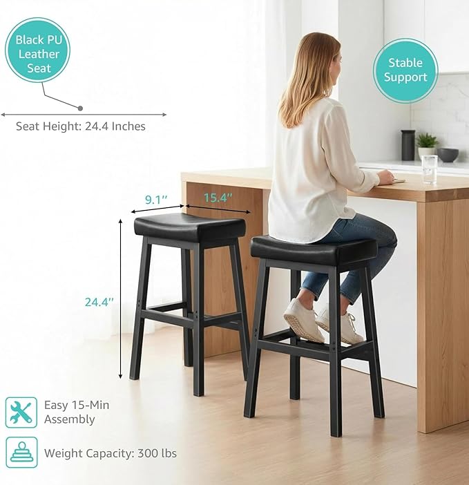 24 Inch Bar Stools Set of 2 for Kitchen Island, Kitchen Chairs Counter Height Stools with Footrest, Black Saddle Leather Barstools Heavy Duty for Dining Table Farmhouse Outdoor