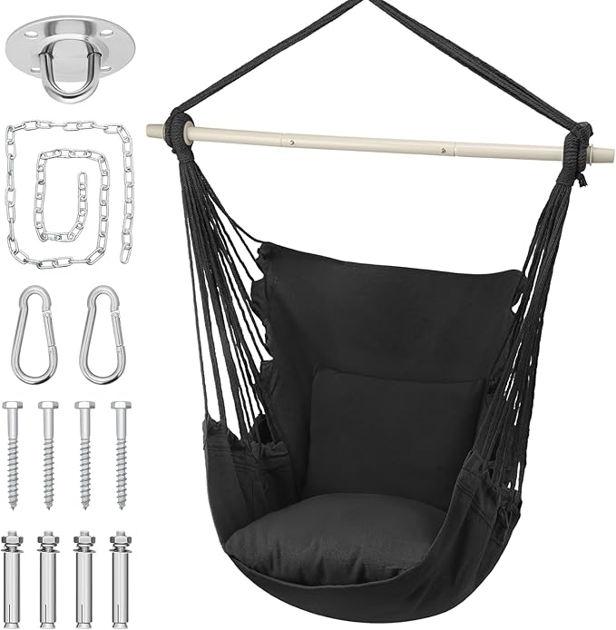 MoNiBloom Hammock Chair Hanging Rope Swing w/2 Cushions, Boho Macrame Hanging Chair Max 350 lbs Capacity w Pocket, Hardware Kit Included, Black