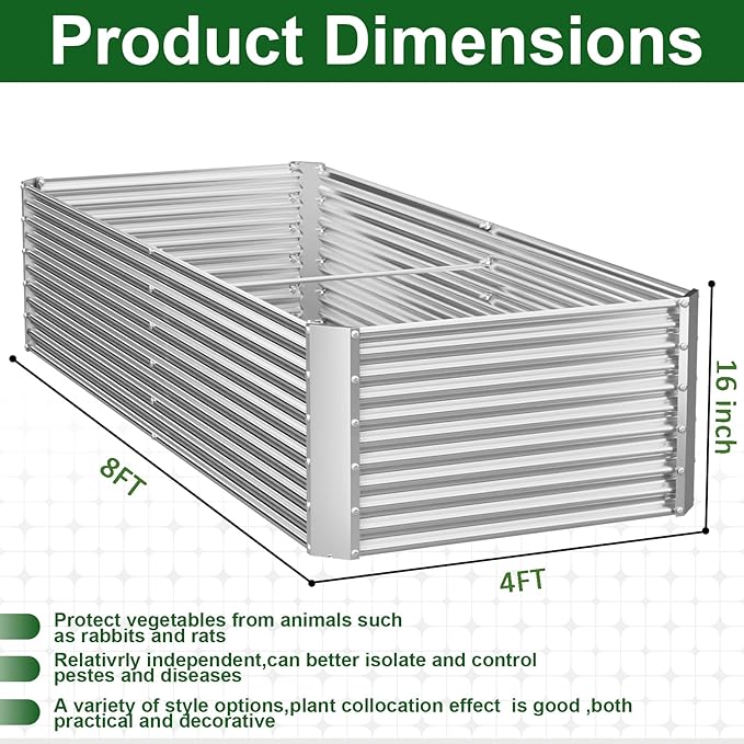 2 Pack Tall 8x4FT Corrugated Galvanized Steel Raised Garden Bed Outdoor, Metal Above Ground Garden Bed for Vegetables and Flowers, Rectangle Raised Beds for Gardening