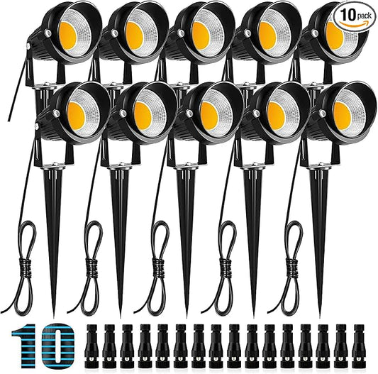 ZUCKEO 10W Low Voltage Landscape Lights LED Landscape Lighting with Connectors 12V Waterproof Outdoor Landscape Spotlights Floor Yard Lawn Best Garden Lights 1000LM Warm White (10Pack with Connector)