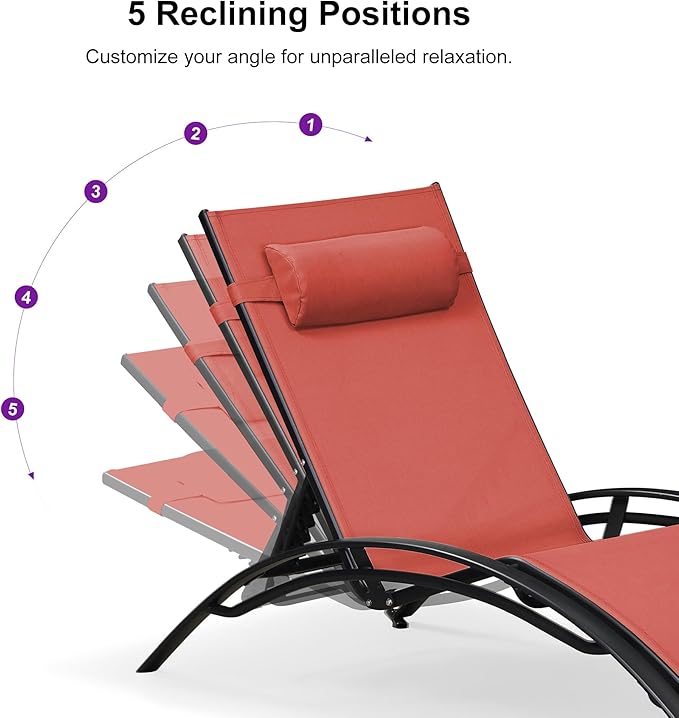 PURPLE LEAF Patio Oversized Chaise Lounge Chair Set with Side Table Poolside Adjustable Recliner Chairs for Outside Beach Outdoor Pool Sunbathing Tanning Lounger, Coral Red
