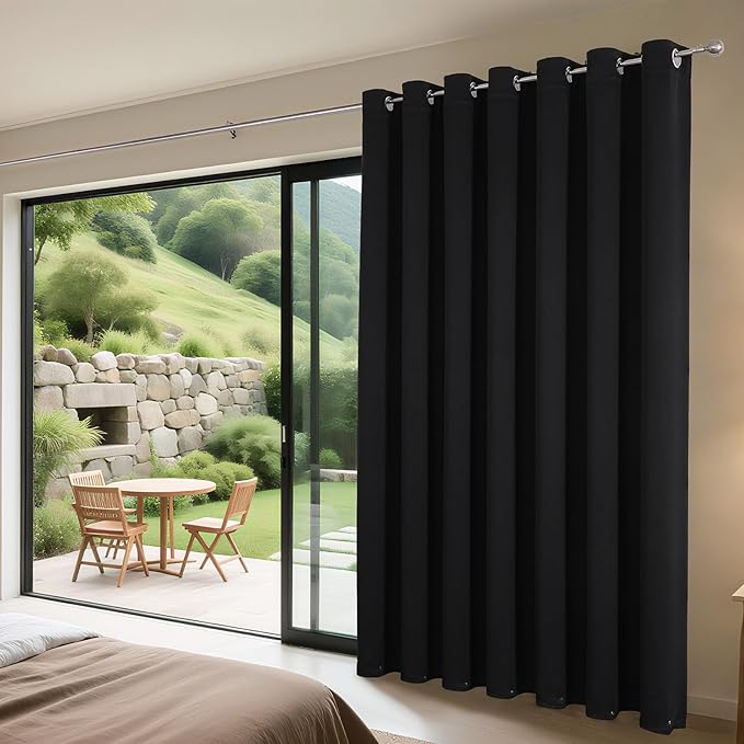 Joydeco Blackout Patio Sliding Door Curtains 90 Inches Long, Grommet Privacy Room Divider Curtains, Extra Wide Thermal Blackout Drapes for Bedroom Living Room (Black, 80Wx90L, 1 Panel)